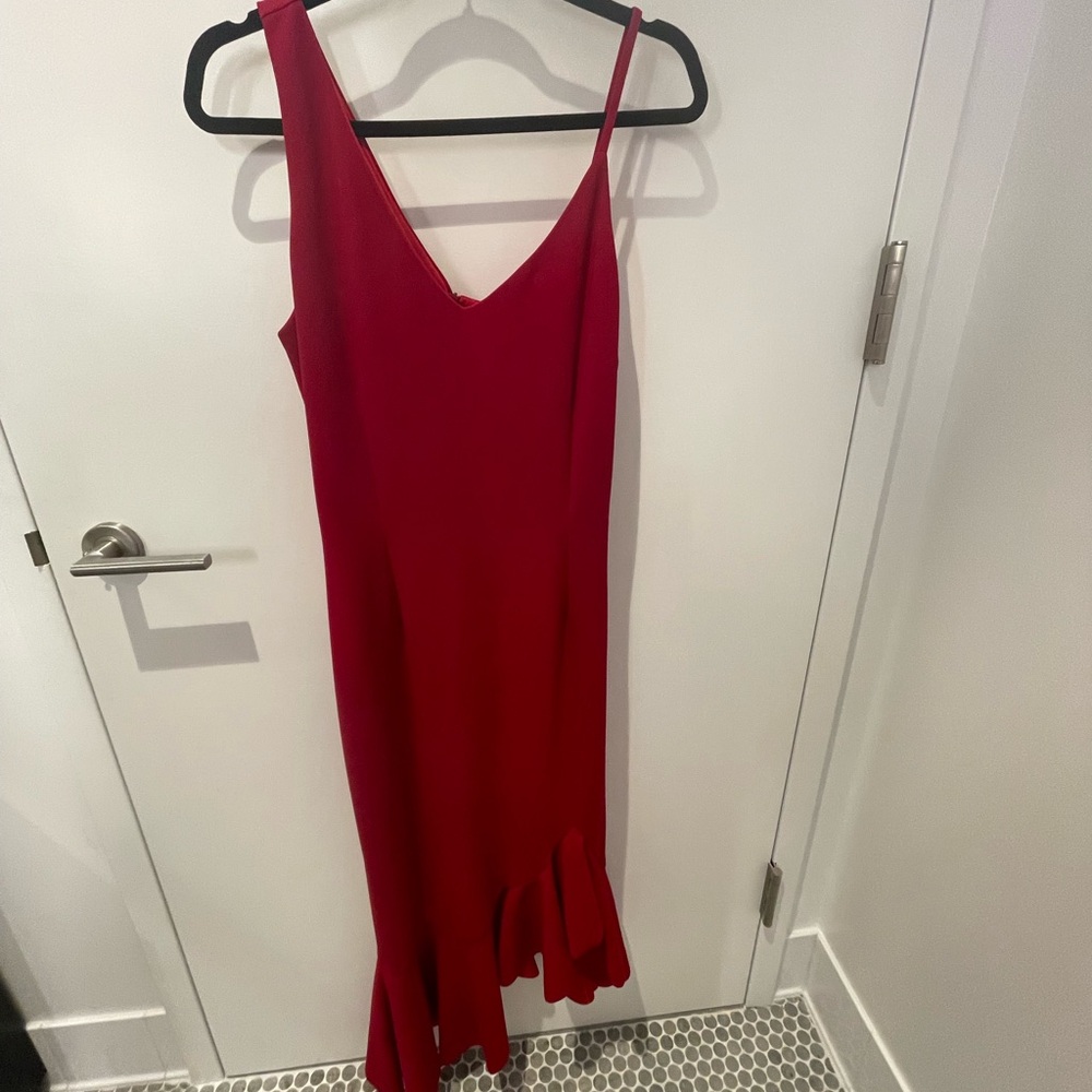 Red dress from Bloomingdale’s outlet.